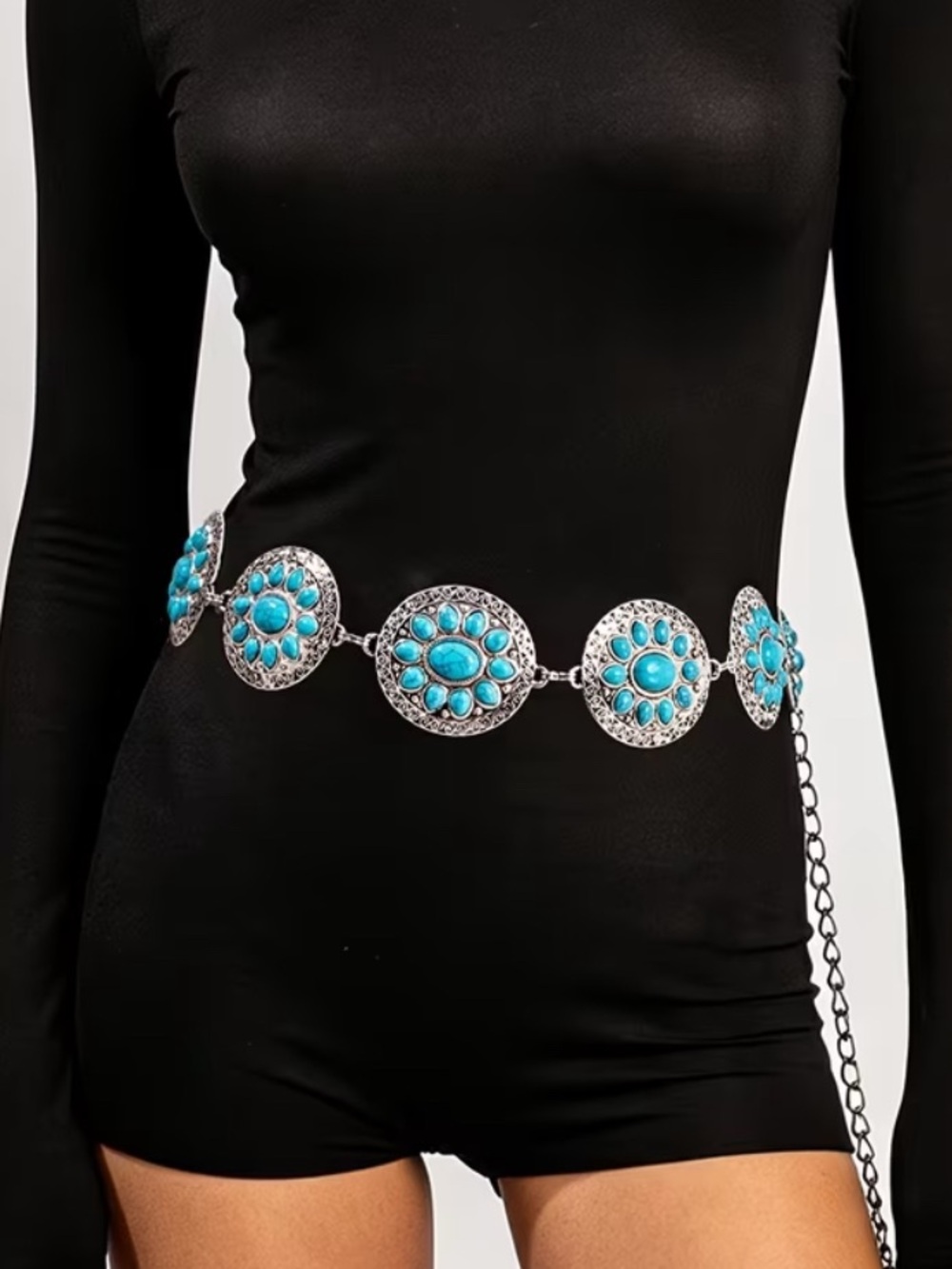 WESTERN Round Concho Faux Turquoise Chain Belt